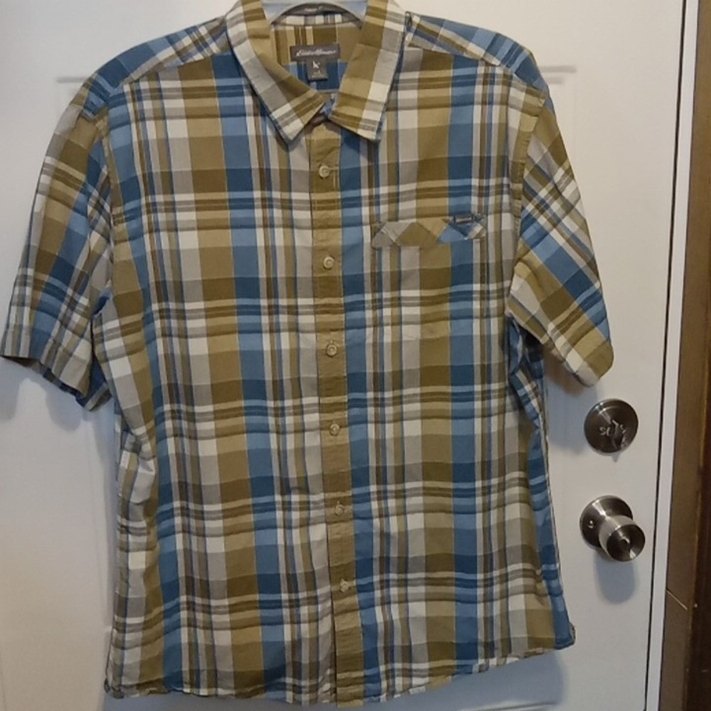 Eddie Bauer Brown and Blue Madrias Plaid Shirt Men's Size Large Single Pocket